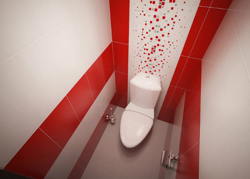 Красные полосы из кафельной плитки на стене туалетной комнаты