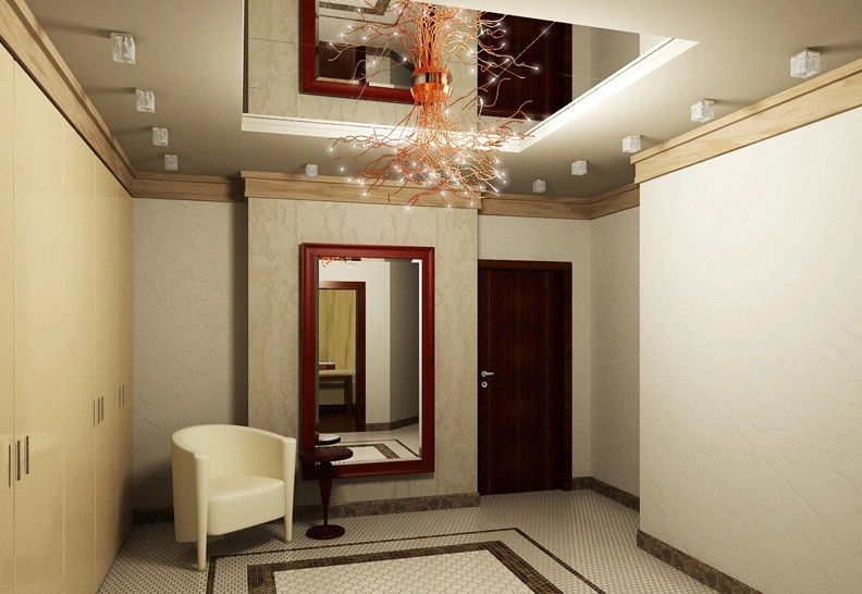 коридор с потолком из гипсокартона с зеркалом