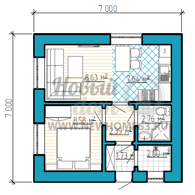 Планировка одноэтажного дома 7 на 7 метров с одной спальной