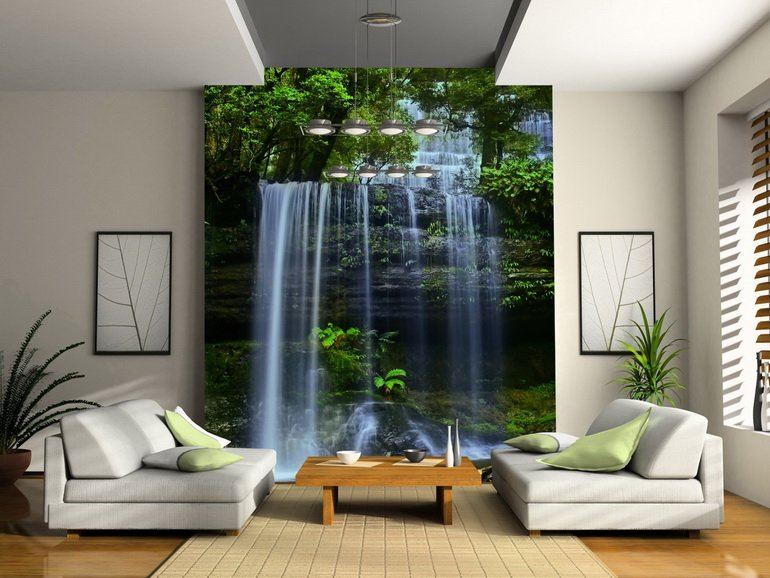 фотообои с водопадом в интерьере гостиной